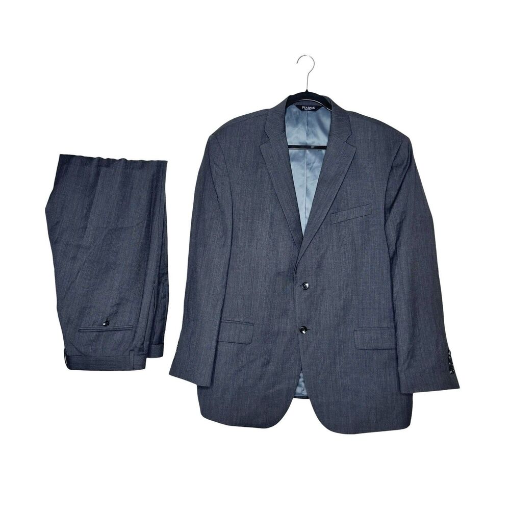 Jos A Bank Mens‎ Traveler 2PC Suit Tailored Fit 46R 42x29 Pant Gray 100% Wool